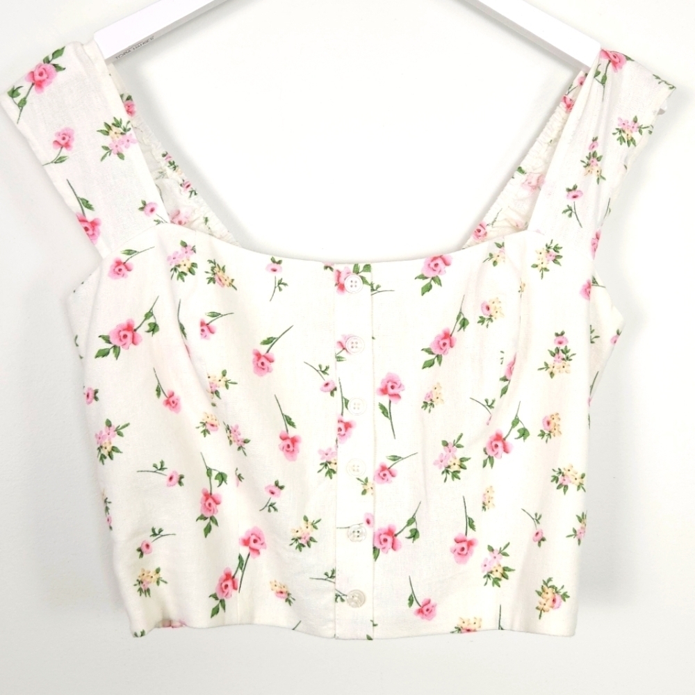 NWT Joie Linen White Floral Smocked Cropped Top Size M